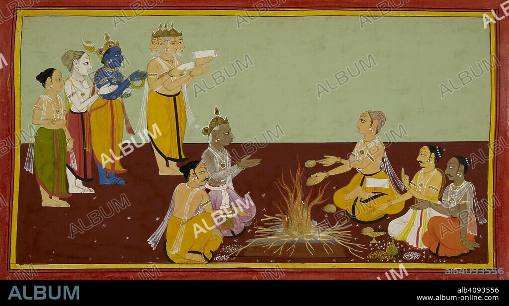 Rishyasringa performing the ceremony for obtaining sons. He is shown chanting mantras and pouring obligations into a fire with the help of priests. Ramayana, Bala Kanda. Udaipur, 1712. Source: Add. 15295, f.36. Language: Sanskrit.