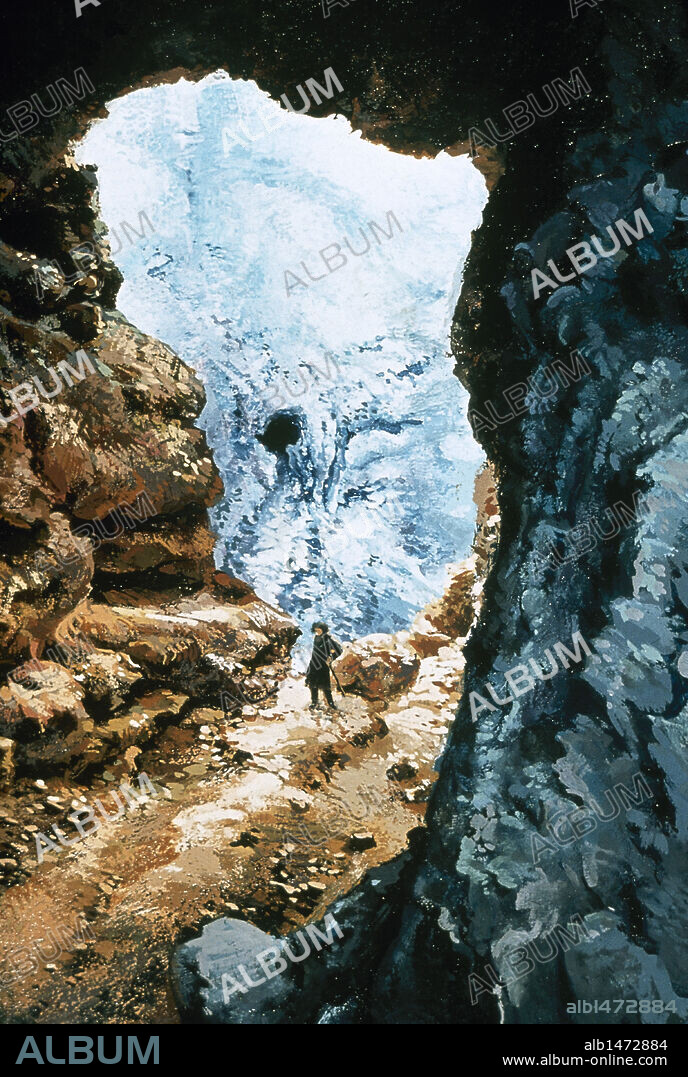 PREHISTORIA. Entrada de la cueva en la que se encontraron los restos del llamado "HOMBRE DE PEKIN" (1931), del tipo "Sinanthropus pekinensis". Chukutien. China. Dibujo.