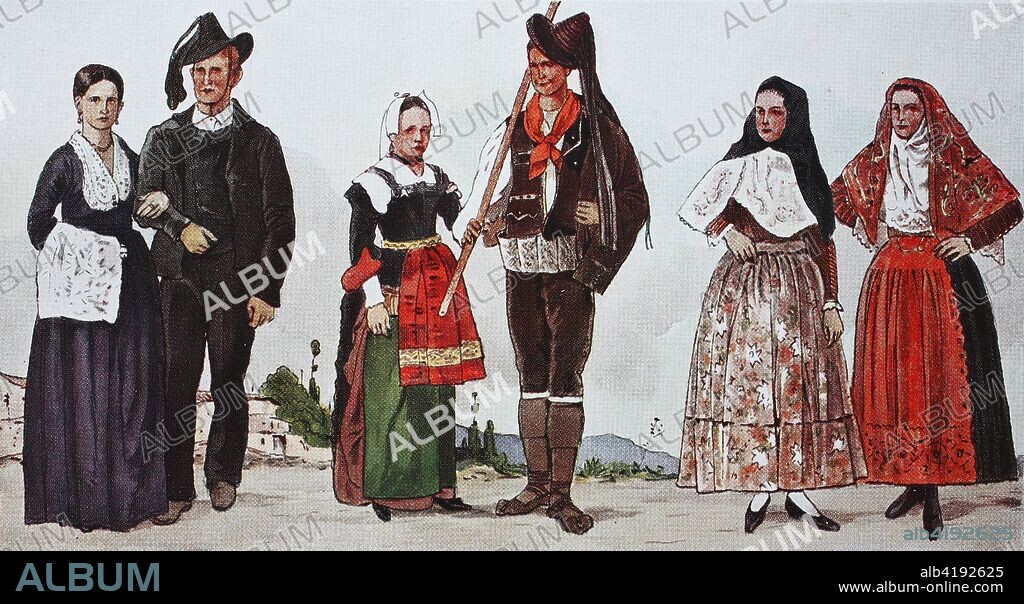 Fashion, clothing in Italy in the modern era, the 18th and 19th centuries, from the left, couple from the area of Cosenza, Calabria, couple from Nicastro, Calabria and two women from Osilo, near Sassari, in the north of Sardinia, digital improved reproduction from an original from the year 1900.