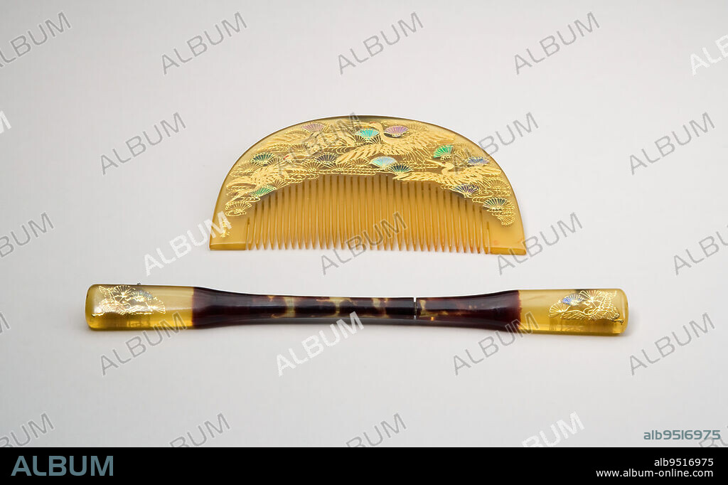 Hairpin with pines and cranes, late 19th century, Unknown Japanese, 6 3/8 × 9/16 × 5/16 in. (16.19 × 1.43 × 0.79 cm), Tortoise shell with gold maki-e and enamels, Japan, 19th century.