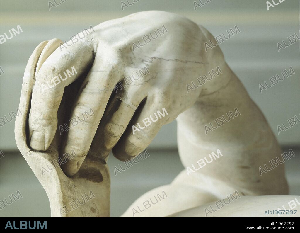 David, 1501-1504, by Michelangelo (1475-1564), a sculpture in white marble, height 410 cm. Detail.
