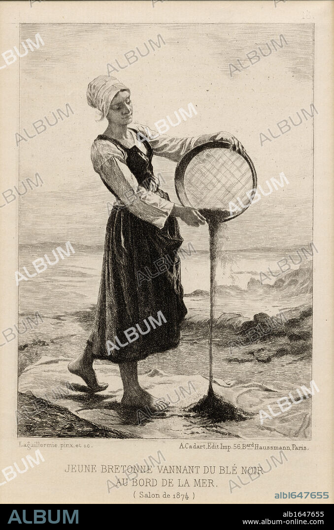 Jeune Bretonne Vannant de Ble Noir Au Bord de la Mer. Young Bretonne Winnowing Buckwheat at the Seaside. From a print by Cadart after Frederic Auguste Laguillermie, 1874.