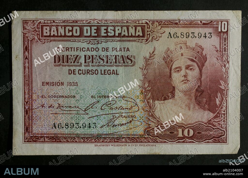 DINERO: BILLETE DE DIEZ PESETAS DE 1935. ANVERSO: BUSTO MUJER COMO ALEGORIA A LA REPUBLICA.LEYENDAS: CERTIFICADO DE PLATA Y DE CURSO LEGAL. REVERSO: SIN FONDO. MEDIDA: 101 x 61.