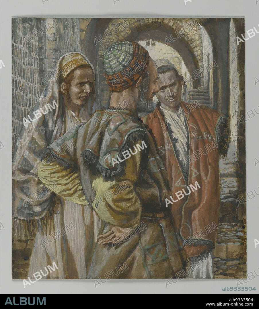 Simon the Cyrenian and His Two Sons Alexander and Rufus, Simon de Cyrène et ses deux fils, Alexandre et Rufus, The Life of Our Lord Jesus Christ, La Vie de Notre-Seigneur Jésus-Christ, James Tissot, French, 1836-1902, Opaque watercolor over graphite on gray wove paper, France, 1886-1894, Image: 6 7/16 x 5 3/4 in., 16.4 x 14.6 cm, african, arab, architecture, exchange, family, french, historical, Life of Christ, men, New Testament, Religion, religious, shadows, stock, talking, textured, Tissot, trade, watercolor.