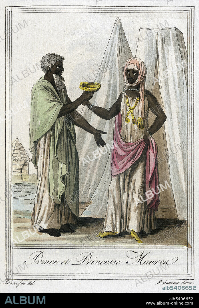 Prince et Princesse Maurea. Mauritania is a country in Northwest Africa. The ancient tribes of Mauritania were Berber people. In 1076, Moorish Islamic warrior monks attacked and conquered the large area of the ancient Ghana Empire. The Char Bouba war (1644-74) was the unsuccessful final effort of the peoples to repel the Yemeni Maqil Arab invaders. The invaders were led by the Beni Hassan tribe. The descendants of the Beni Hassan warriors became the upper stratum of Moorish society. Berbers retained a niche influence by producing the majority of the region's marabouts: those who preserve and teach Islamic tradition. Costumes of Different Countries, hand-tinted engraving by Labrousse, published by Jacques Grasset de Saint-Sauveur, 1797.