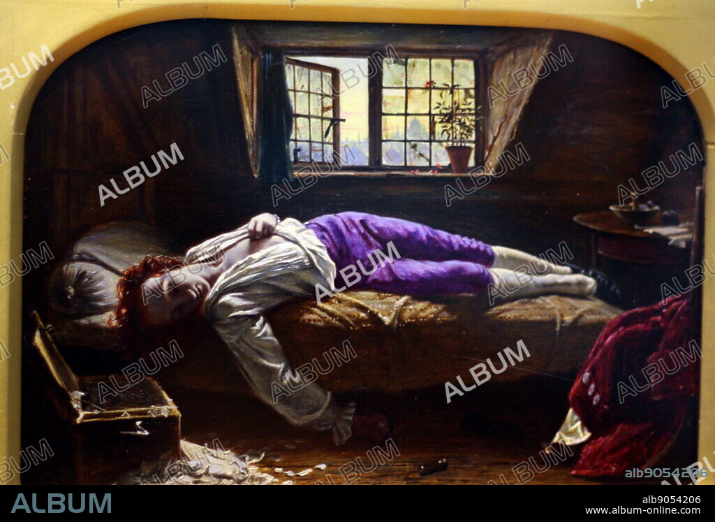 The Death of Chatterton by Henry Wallis. Oil on Panel, circa 1855. The large original version became an overnight sensation for Wallis, with it's Pre-Raphaelite drama and beauty. Thomas Chatterton had been a talented poet who committed suicide at the age of 17. Henry Wallis lived between 1830-1916.