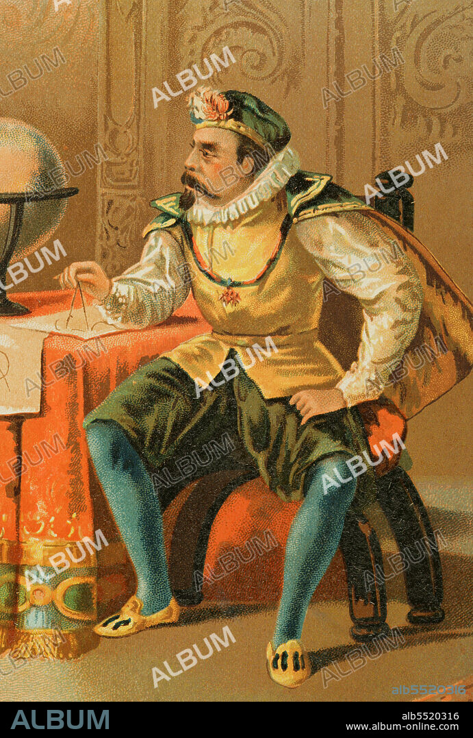 Tycho Brahe (1546-1601). Astrónomo danés. Brahe en el observatorio de Praga. Cromolitografía. Historia Universal, por César Cantú. Tomo VIII. Publicado en Barcelona, 1886.