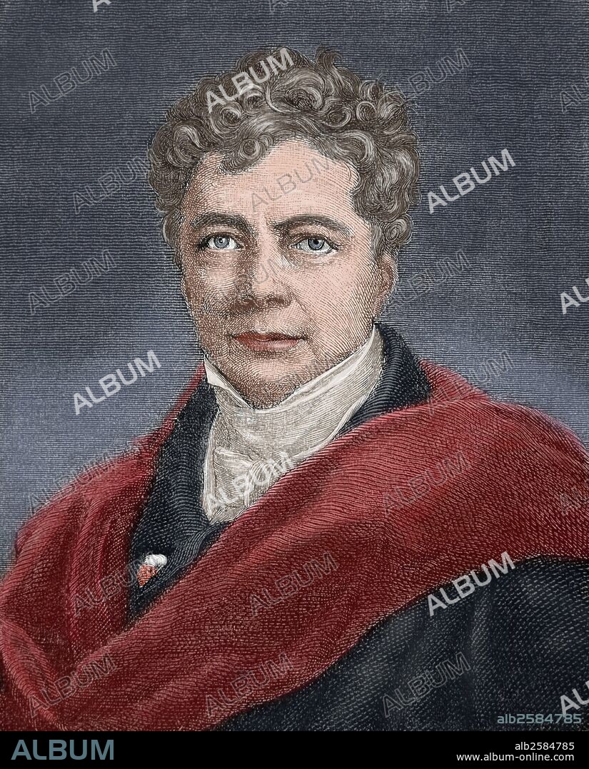 SCHELLING, Friedrich Wilhelm Joseph von (Leonberg 1775-Bad Ragaz,1854). Filósofo idealista alemán de época romántica. Formuló una concepción del mundo sobre la base de un panteísmo espiritualista. Grabado coloreado del siglo XIX.