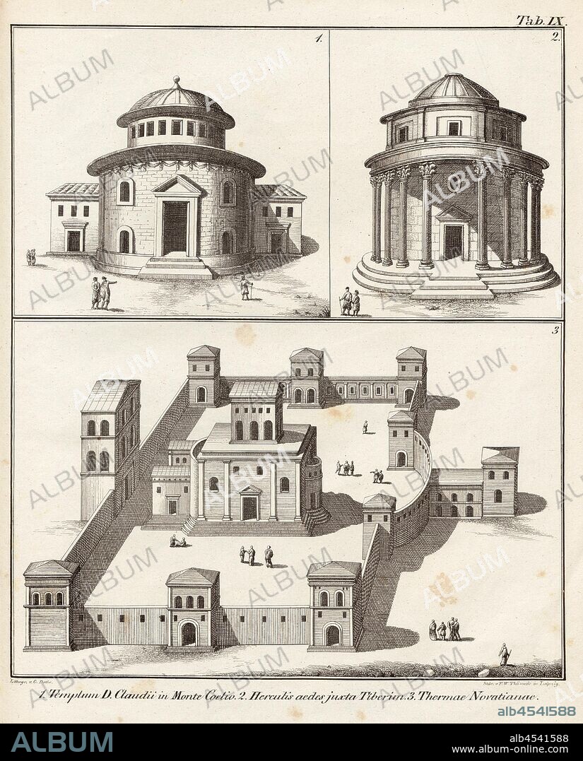 1. Claudio D. Temple Mount Coelius 2. Hercules at the Tiber, 3. Bath Novatian, Temple of Claudius, Temple of Hercules, Baths of Novatus in Rome, signed: lith., v, C. Diethe, Steindr., v, F. W. Thürneck, Tab. IX, Diethe, C. (lith.), Thürneck, F. W. (Steindr.), Franz Heinrich Köhler: Urbs Roma: Ansichten der Tempel, Paläste, Theater, Amphitheater, Triumphbogen, Porticus, Circi, Naumachieen, Basilieae, Grabmäler, Wasserleitungen, Thore, Bäder, Ehrensäulen, Obelisken etc. Bd. 1. Leipzig: Köhler, 1829.