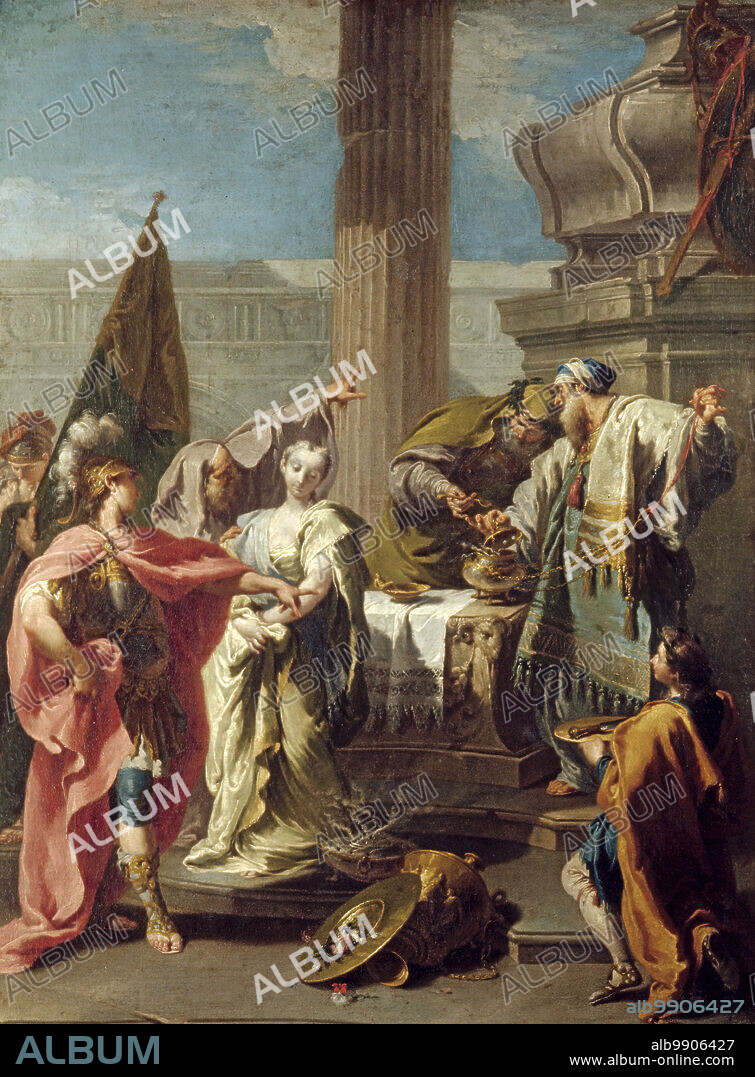 GIOVANNI BATTISTA PITTONI THE YOUNGER. The Sacrifice of Polyxena at the Tomb of Achilles, c1735. The tragic moment depicted is from the end of the Trojan War. According to legend, the ghost of the Greek hero Achilles demanded that the Trojan princess Polyxena be sacrificed at his tomb. Achilles's son, with the feathered helmet, is leading the sacrifice. According to the Roman poet Ovid, Polyxena "kept her look of dauntless courage until the end." In visualizing this passage, the painter has depicted the young woman with a sorrowful yet dignified expression that conveys her bravery in the face of death.