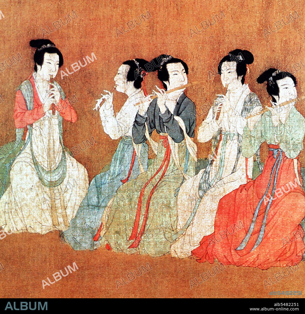 好評 women Five playing 'Night painting the from Detail flutes. コレクション