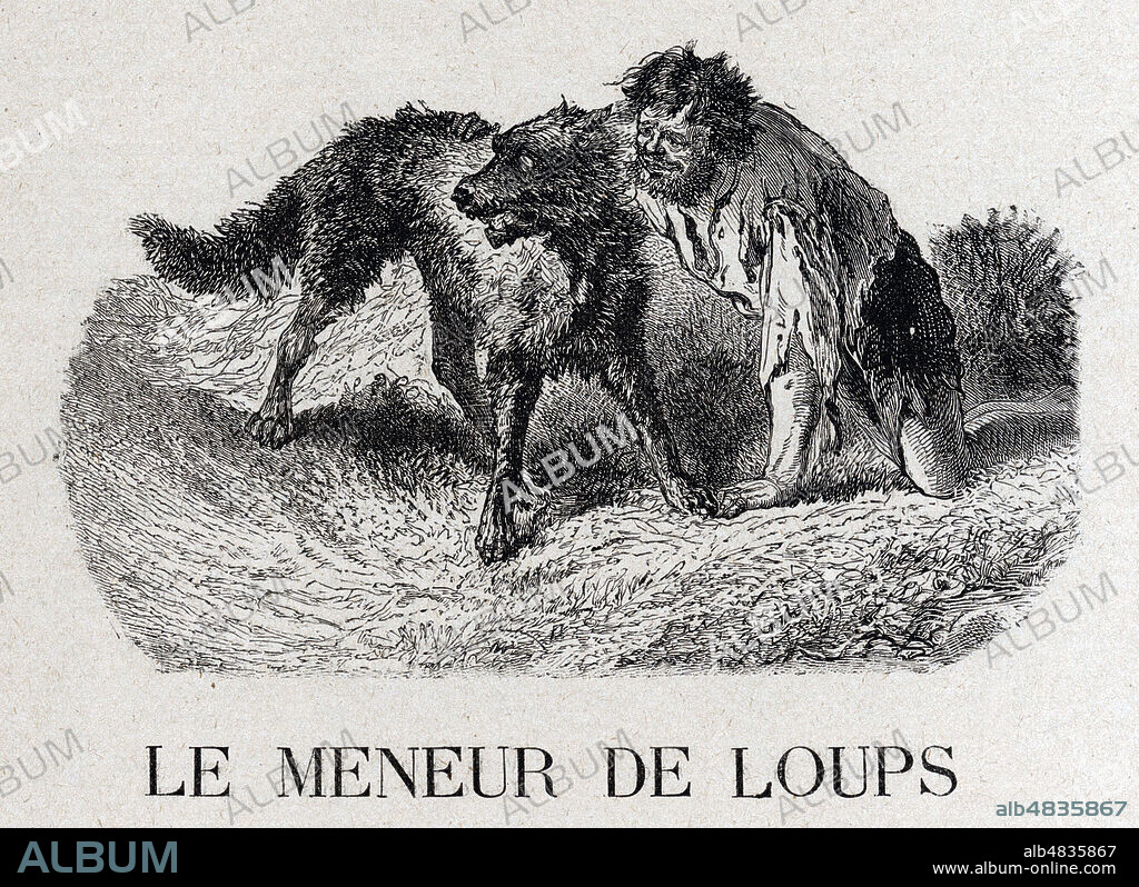 Thibault parlant au grand loup noir. Illustration par Edouard RIOU (1823-1900) pour 'Le meneur de loups par Alexandre DUMAS Pere (1802-1870). Credit : Collection KHARBINE-TAPABOR.