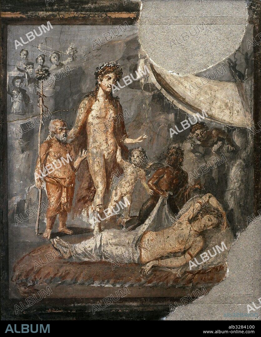 Pintura mural romana con la representación: Dioniso con la ayuda de dos amorcillos descubre a Ariadna dormida a la entrada del Olimpo. La convertirá en su esposa, dándole la inmortalidad. Casa de Marco Lucrecio. Pompeya. Siglo I d. C. Museo Arqueológico Nacional. Nápoles. Italia.