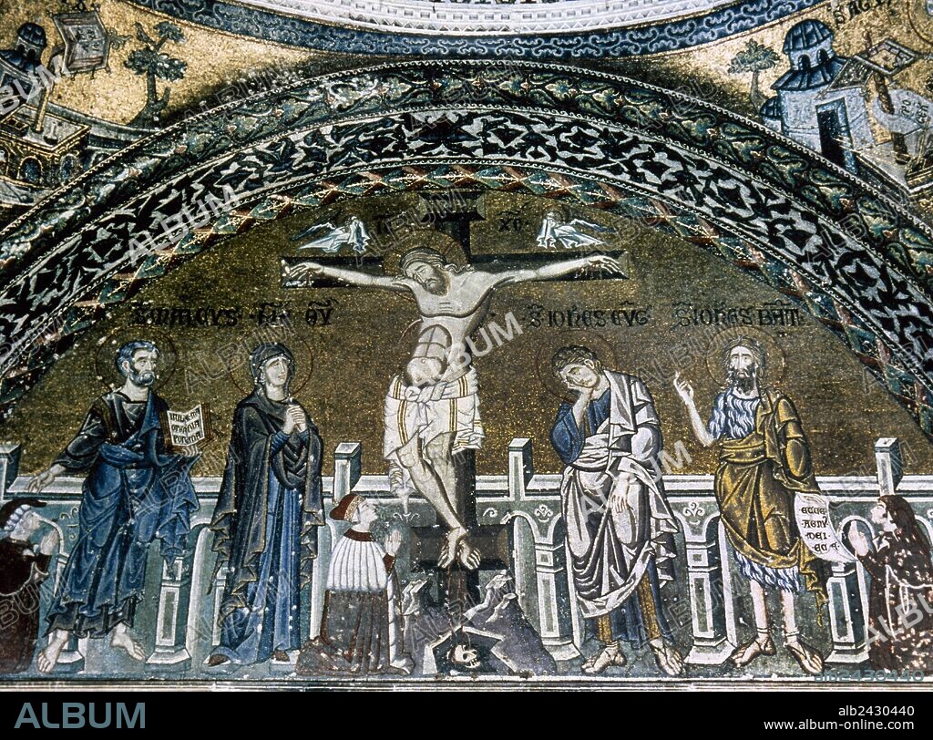 ARTE BIZANTINO. ITALIA. "CRUCIFIXION DE CRISTO". Mosaico del baptisterio de la Basílica de San Marcos. Datado entre los siglos XII y XIII. Venecia.