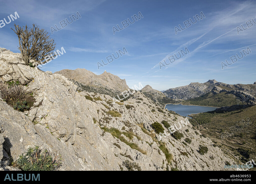 Cuber reservoir from the top on the Coll de l Ofre, Fornalutx, Mallorca, Balearic Islands, Spain.