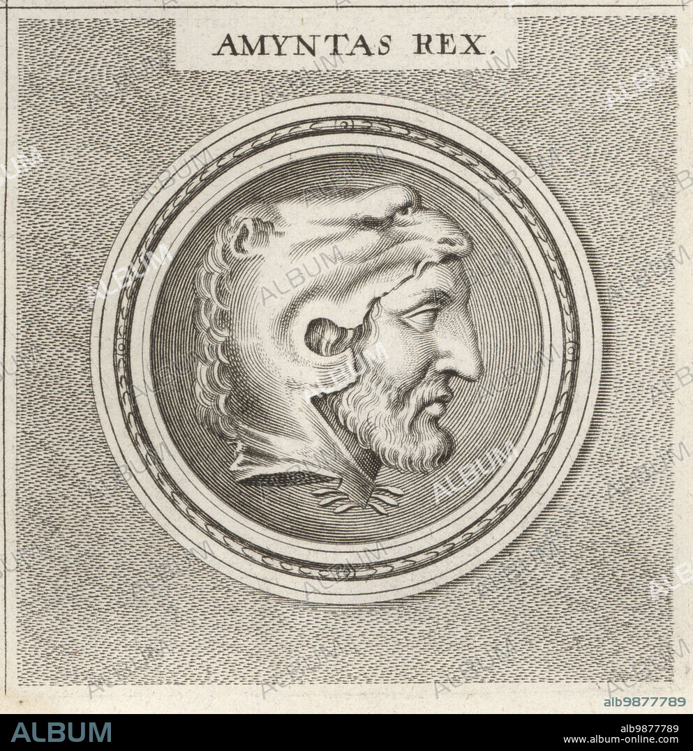 Amyntas III, king of Macedonia, c.394-370 BC. Member of the Argead dynasty, father of Philip II, grandfather of Alexander the Great. Wearing a lion's head. Amyntas Rex. Copperplate engraving after an illustration by Joachim von Sandrart from his LAcademia Todesca, della Architectura, Scultura & Pittura, oder Teutsche Academie, der Edlen Bau- Bild- und Mahlerey-Kunste, German Academy of Architecture, Sculpture and Painting, Jacob von Sandrart, Nuremberg, 1675.