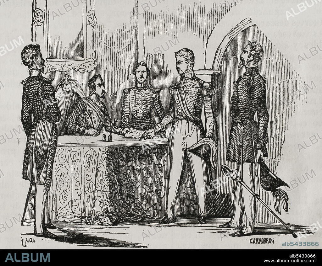 CHAMORRO. 19TH CENTURY-SPANISH ENGRAVER.. History of Spain. First Carlist War (1833-1840). The Eliot Treaty. The British diplomat Edward Granville Eliot travelled to the Basque provinces as a representative of the British government to reach an agreement between Carlists and Liberals that would allow the lives of prisoners of war to be respected. On 27th and 28th April 1835, the treaty was signed in Asarta and Logroño between Tomás Zamalacárregui (Carlist side), Gerónimo Valdés (Liberal side), Eliot and Lieutenant-Colonel Gurwood. Engraving by Chamorro. Panorama Español, Crónica Contemporánea. Volume III Madrid, 1845.