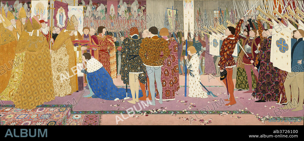 LOUIS MAURICE BOUTET DE MONVEL. The Crowning at Rheims of the Dauphin (Joan of Arc series: V). Dated: 1907. Dimensions: overall: 75.57 × 178.44 cm (29 3/4 × 70 1/4 in.)  framed: 97.79 × 202.25 × 10.16 cm (38 1/2 × 79 5/8 × 4 in.). Medium: oil and gold leaf on canvas.