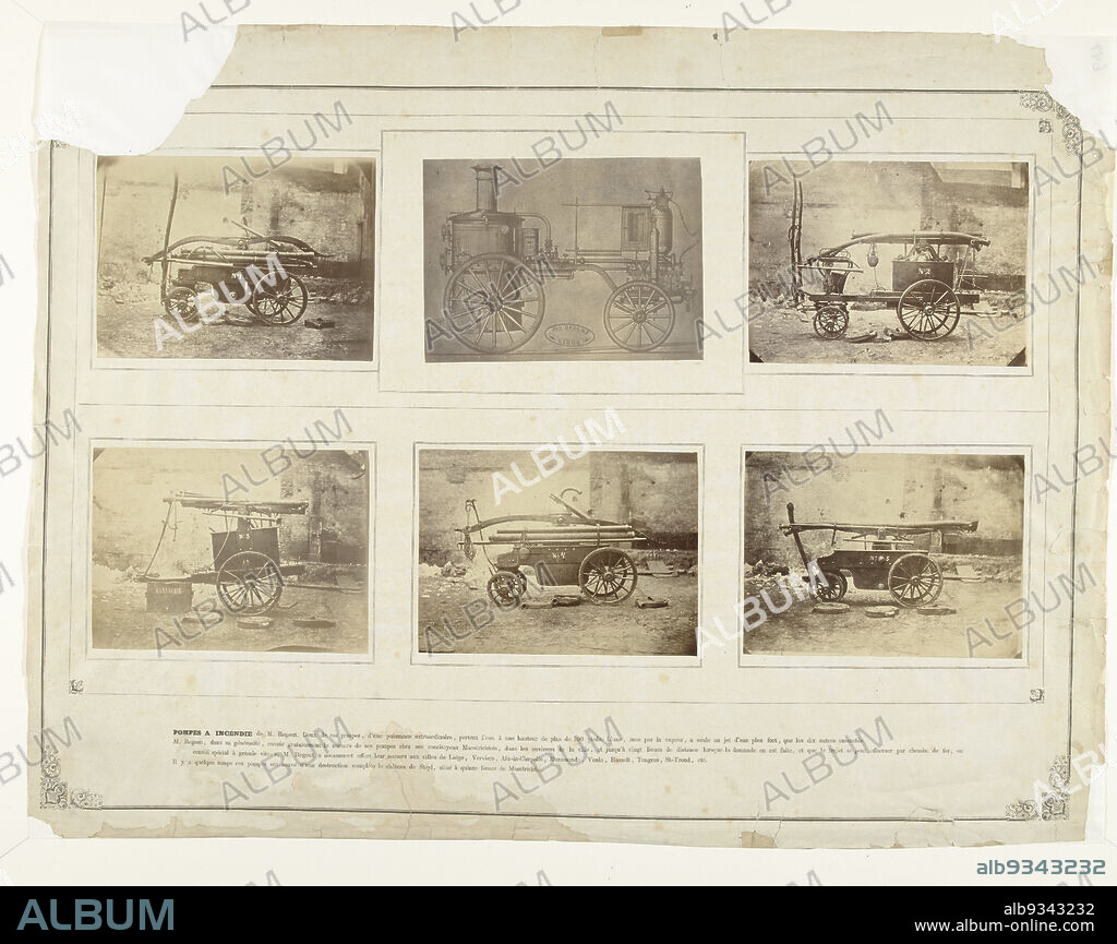 Sheet from Album dedié à mes enfants et mes amis (1868) with pasted photographs of fire extinguishers of the Regout and Beduwe companies, Photo of print of fire extinguisher of the Joseph Beduwe company from Liege on a sheet with photographs of five fire extinguishers of the Regout company from an album. French text at the bottom of the sheet describes the fire hydrants and the benefits of their use., anonymous, Netherlands, c. 1868, photographic support, cardboard, albumen print, height 127 × width 173.