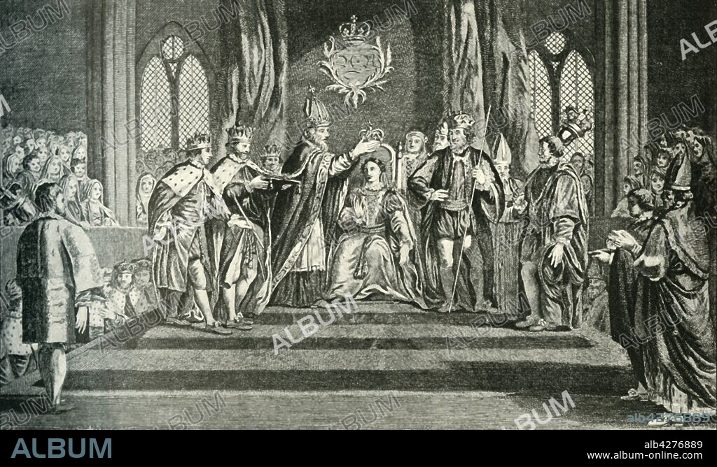 'The Coronation of Anne Boleyn with the Crown of St. Edward', 1902. Anne Boleyn (c1501-1536) was Queen of England from 1533 to 1536 as the second wife of King Henry VIII.  From "The Windsor Magazine Vol. XVI - June to November 1902". [Ward, Lock & Co., Limited, London, 1902].