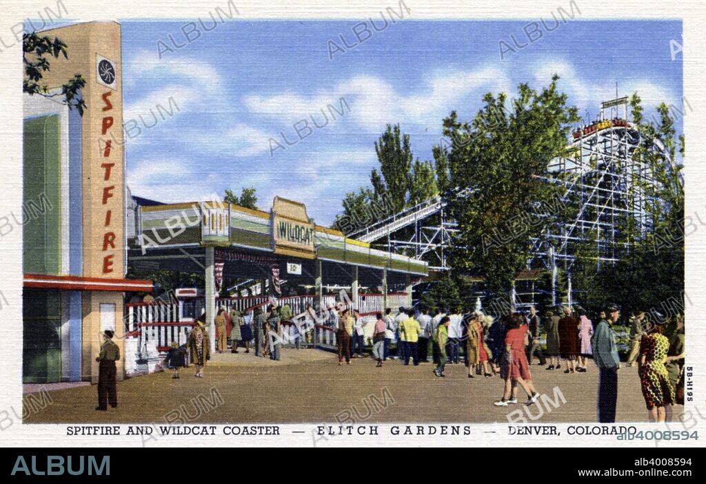 Spitfire and Wildcat roller coasters at Elitch Gardens, Denver, Colorado, USA, 1945. Postcard. People can be seen walking and waiting in line. The Wildcat is visible in the background. Elitch Gardens was a family-owned amusement park and botanical gardens in Denver that opened in 1890.