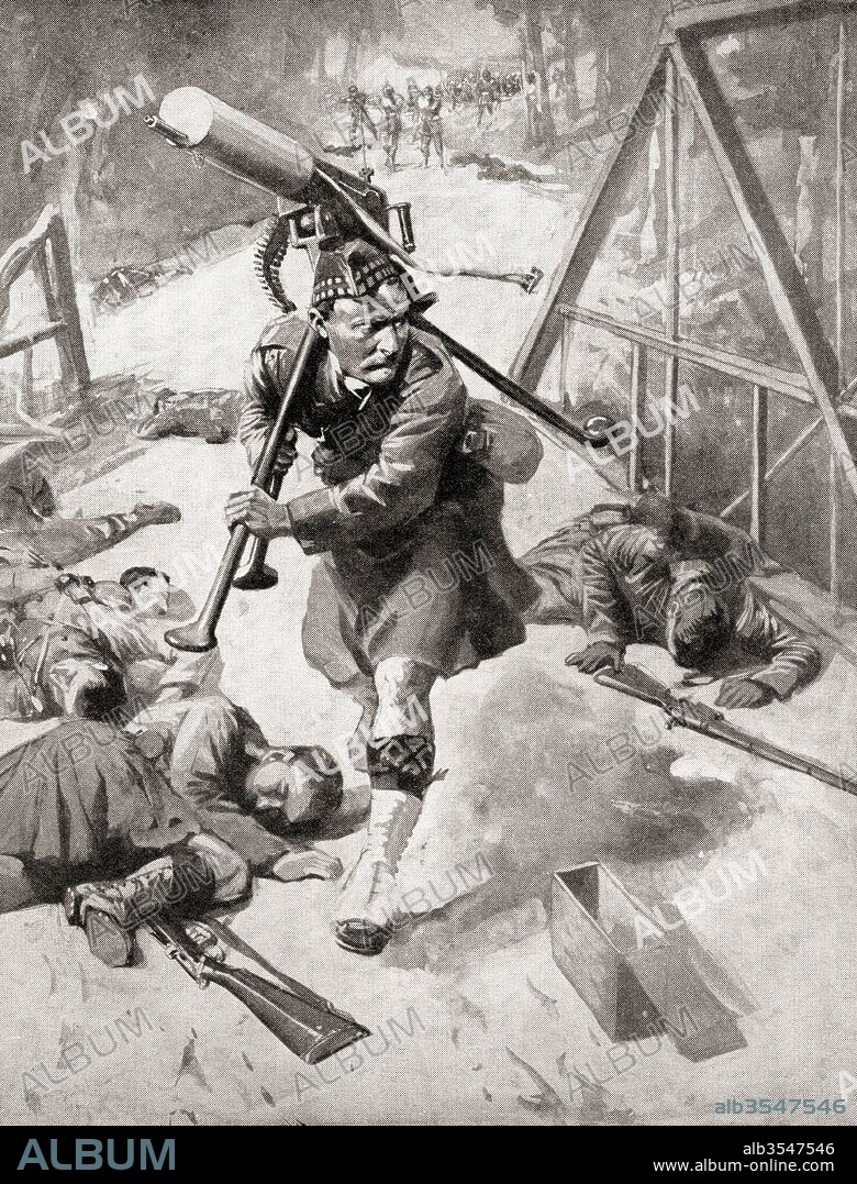 A brave soldier from the Highlander regiment steals a Maxim gun from the Germany enemy during WWI. From The War Illustrated Album Deluxe, published 1915.