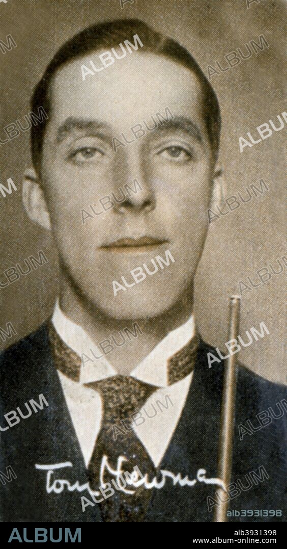 Tom Newman (1894-1943), billiards and snooker champion. Newman was the best billiards players of the 1920s, appearing in every World Professional Billiards Championship final between 1921 and 1930, and winning the title six times. A print from the photo album Popular Personalities, issued for Piccadilly Juniors Oval Photos, 1935.