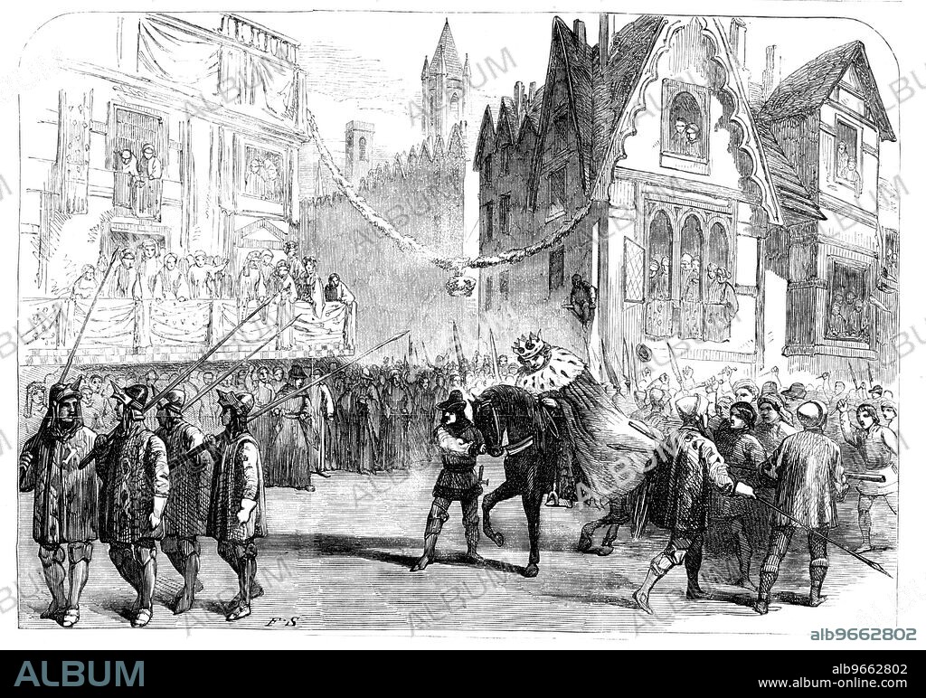 Scene from "King Richard the Second", at the Princess' Theatre, 1857. London stage production of Shakespeare's "Richard II" with Charles Kean in the title role. 'The City trumpeters, banners, sword-bearers, sheriffs, lord mayor, aldermen, captains, and companies, in armour, with Royal banners, noblemen, and minstrels precede the Duke of Lancaster's banner, and the entry, attended with their knights, of Bolingbroke and the captive King on horseback...Bolingbroke then rejoined "My Lords and friends, here is King Richard: I deliver him into your custody, and beg you to do with him what you wish"...poor Richard himself appears, and is received by the people with ominous silence. "And as he...rode through London on a little horse, on his way to prison, they kept an open space round him that every one might see him...'. From "Illustrated London News", 1857.