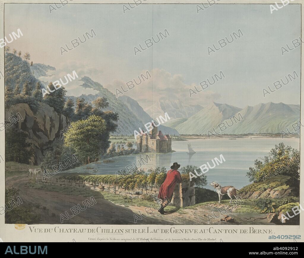 HUBERT ROBERT. A man in a knee-length coat and hat leans on a stone fence contemplating the view from a country road by the Lake of Geneva in the foreground, with ChÃ¢teau de Chillon beyond and Alps in the background. VUE DU CHATEAU DE CHILLON SUR LE LAC DE GENEVE AU CANTON DE BERNE. [Basel] : [Christian von Mechel], [about 1775]. Hand-coloured etching. Source: Maps K.Top.85.61.a. Language: French.