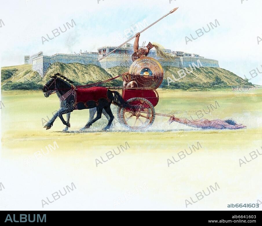 Mythology / Greco-Roman: Trojan War. Achilles dragging Hector's body around the walls of Troy. Watercolour, c. 1986, by Peter Connolly. (1935-2012). From the series: The Legend of Odysseus.