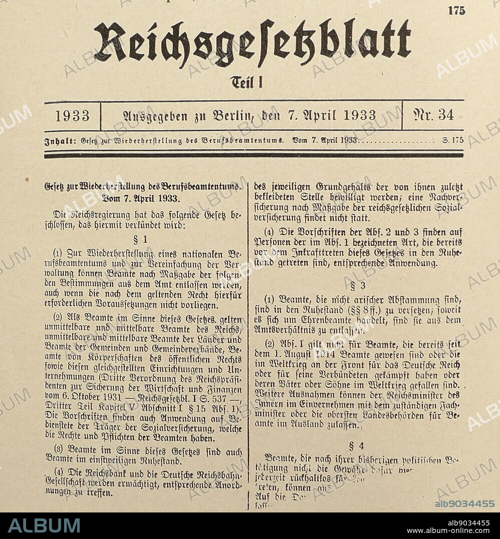 The Law for the Restoration of the Professional Civil Service (Berufsbeamtengesetz), also known as Civil Service Law, Civil Service Restoration Act, and Law to Re-establish the Civil Service, was a law passed by the National Socialist regime of Germany on 7 April 1933, two months after Adolf Hitler had attained power. Article 1 of the Law claimed that in order to re-establish a "national" and "professional" civil service, members of certain groups of tenured civil servants were to be dismissed. Civil servants who were not of Aryan descent were to retire. Non-Aryans were defined as someone descended from non-Aryans, especially those descended from Jewish parents, or grandparents. This meant that Jews, other non Aryans, and political opponents could not serve as teachers, professors, judges, or other government positions. Shortly afterward, a similar law was passed concerning lawyers, doctors, tax consultants, musicians, and notaries.