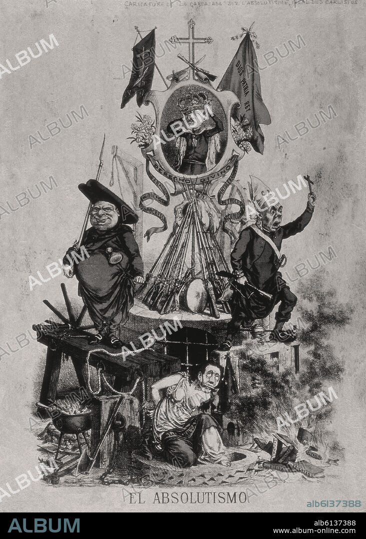 CARICATURA DE "LA CARCAJADA" SOBRE EL ABSOLUTISMO-IDEALES DE LOS CARLISTAS- S XIX.
