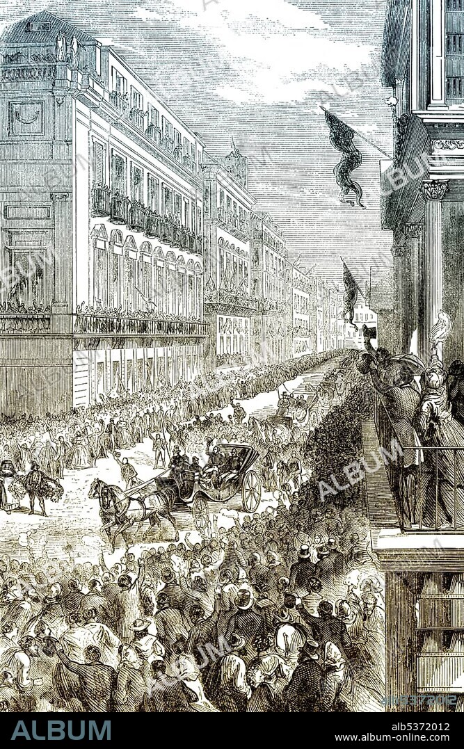 Historic drawing, 19th century, scene from the history of Italy, the triumphal entry of Giuseppe Garibaldi in Naples on 7th September 1860, Italy, Europe.