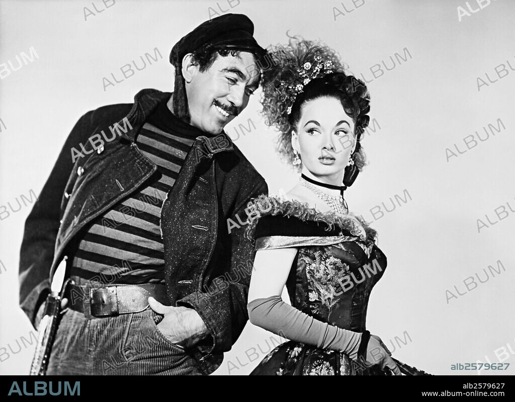 ANN BLYTH y ANTHONY QUINN en EL MUNDO EN SUS MANOS, 1952 (THE WORLD IN HIS ARMS), dirigida por RAOUL WALSH. Copyright UNIVERSAL PICTURES.