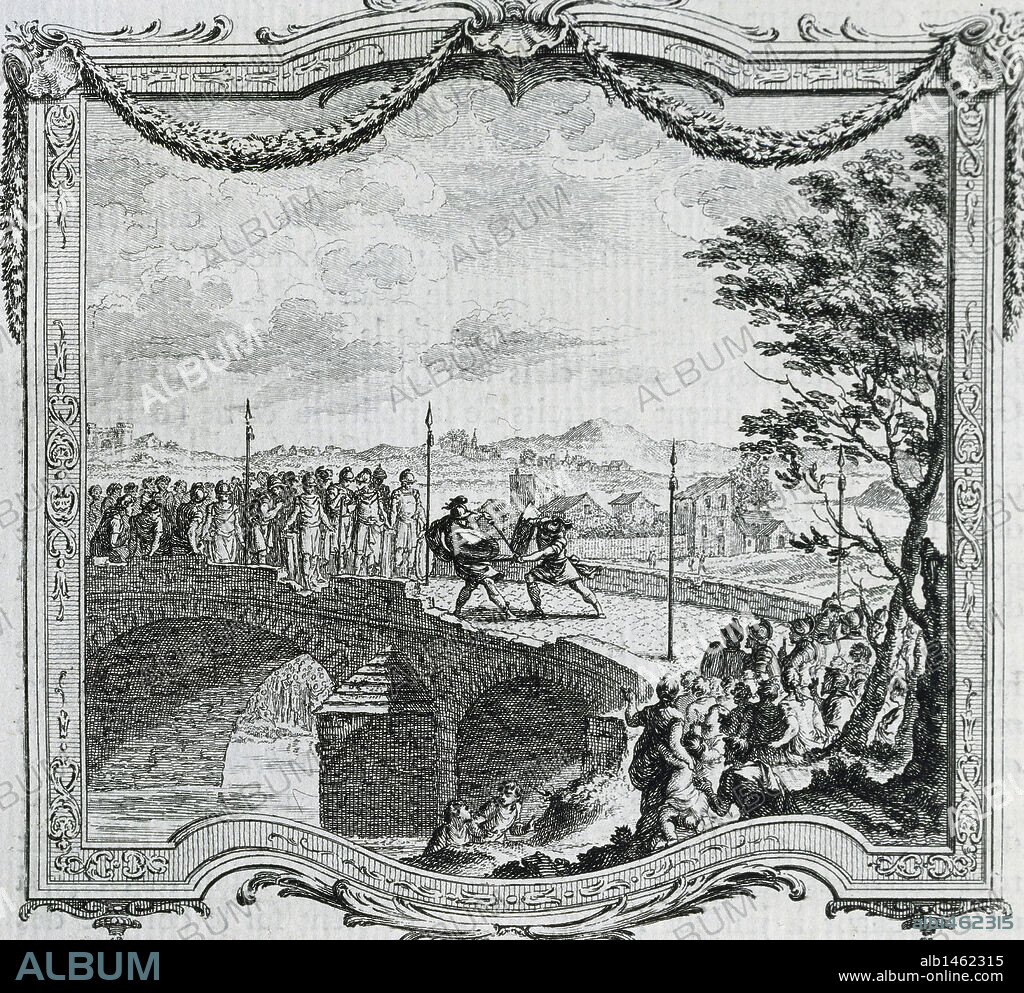 HISTORIA DE FRANCIA. SIGLOS VIII-IX. IMPERIO CAROLINGIO. Reinado de Carlomagno (768-814). "DUELO ENTRE CUATRO LANZAS". El combate tenía lugar en un perímetro demarcado por cuatro grandes lanzas. Grabado del año 1849.