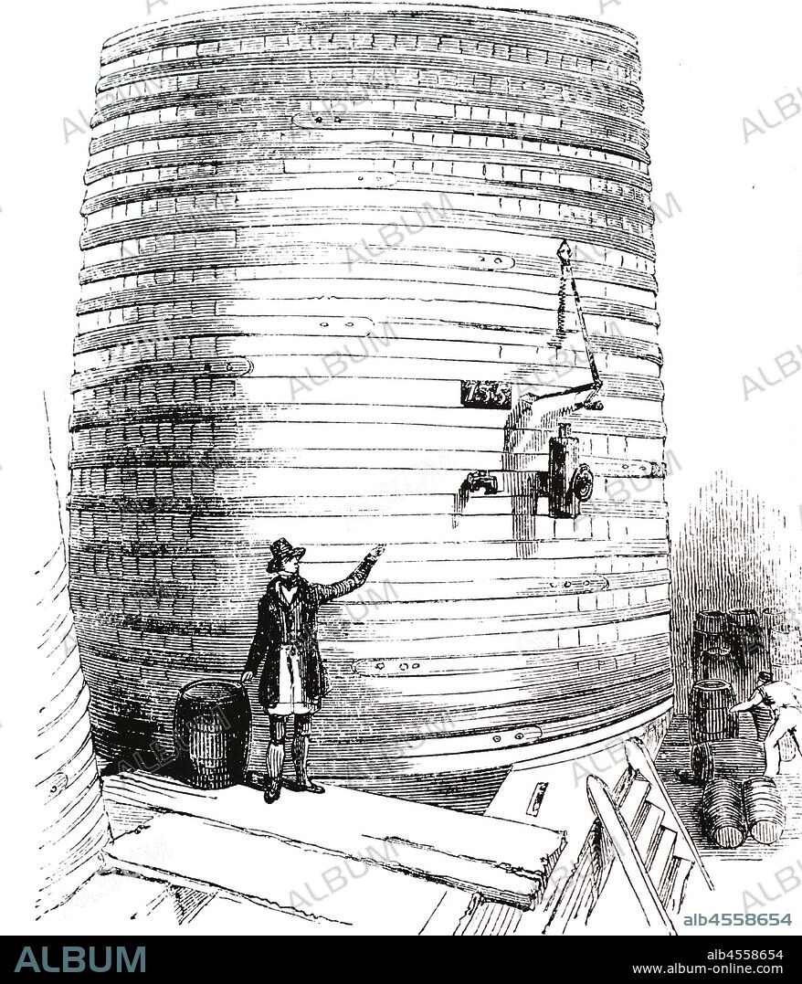 An engraving of Brewing: vats in which beer is kept between fermenting and being put into barrels, 1841.
