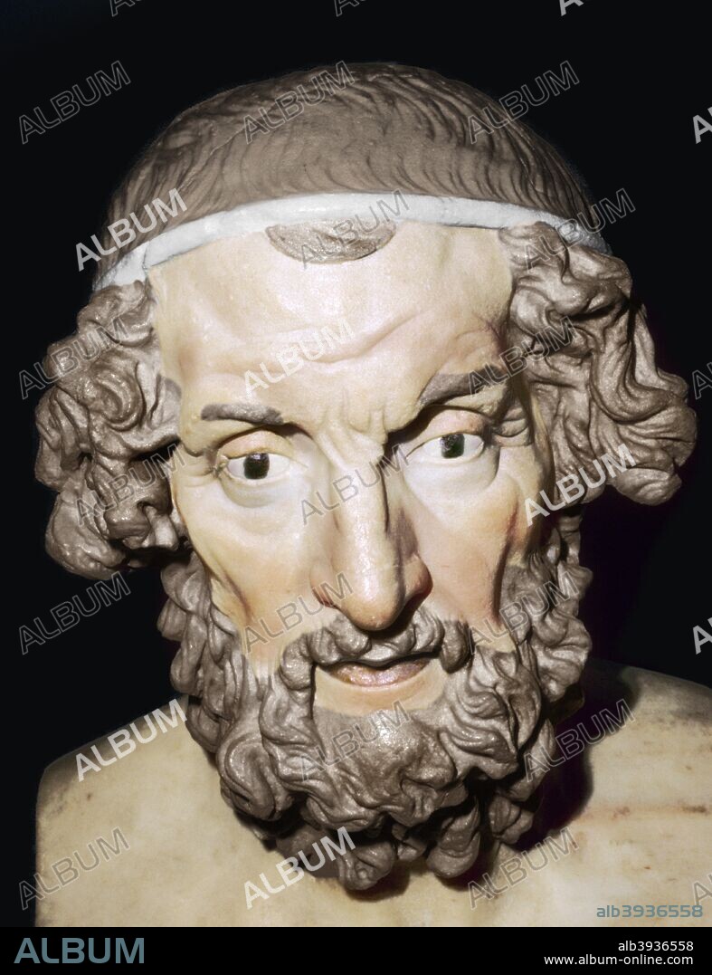 Marble portrait bust of Homer, Roman, from Baiae, Campania, Italy, 1st-2nd century. The blind poet, Homer, is thought to have lived in Greece around 750 to 700 BC. He is the most famous poet of all antiquity; the author of the Iliad and Odyssey, epic poems focussing respectively upon the heroes Achilles and Odysseus. From the British Museum's collection. (Colorised artwork based on an original sculpture).