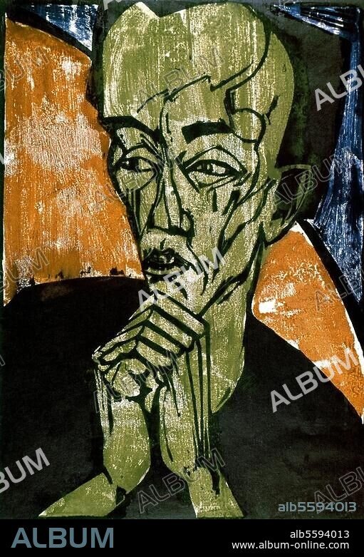 ERICH HECKEL. Heckel, Erich Painter and graphic artist D|beln (Saxony) 31.7.1883 - Radolfzell. 27.1.1970. "Self-portrait". Colour woodcut, 1949. 46 × 32.7cm.