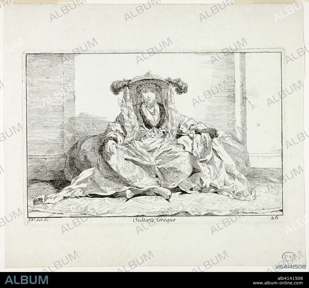 JOSEPH MARIE VIEN I. Sultane Grecque, plate 26, from Caravanne du Sultan à la Mecque. Joseph Marie Vien; French, 1716-1809. Date: 1748. Dimensions: 128 × 199 mm (image); 136 × 204 mm (plate); 206 × 233 mm (sheet). Etching on ivory laid paper. Origin: France.