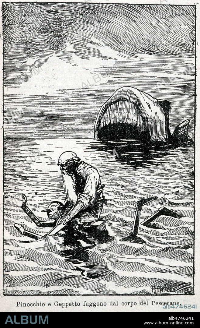 Pinocchio et Geppetto sortant de la baleine. Illustration MUSSINO Attilio (1878-1954=DR) tiree de l'ouvrage Pinocchio par COLLODI (1826-1890). Edition de 1933. Credit : Collection KHARBINE-TAPABOR.