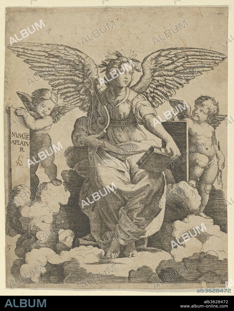 Poetry personified as a winged woman. Artist: After Raphael (Raffaello Sanzio or Santi) (Italian, Urbino 1483-1520 Rome); Anonymous; After Marcantonio Raimondi (Italian, Argini (?) ca. 1480-before 1534 Bologna (?)). Dimensions: 7 3/16 x 5 11/16 in.  (18.3 x 14.5 cm). Date: ca. 1515-50.