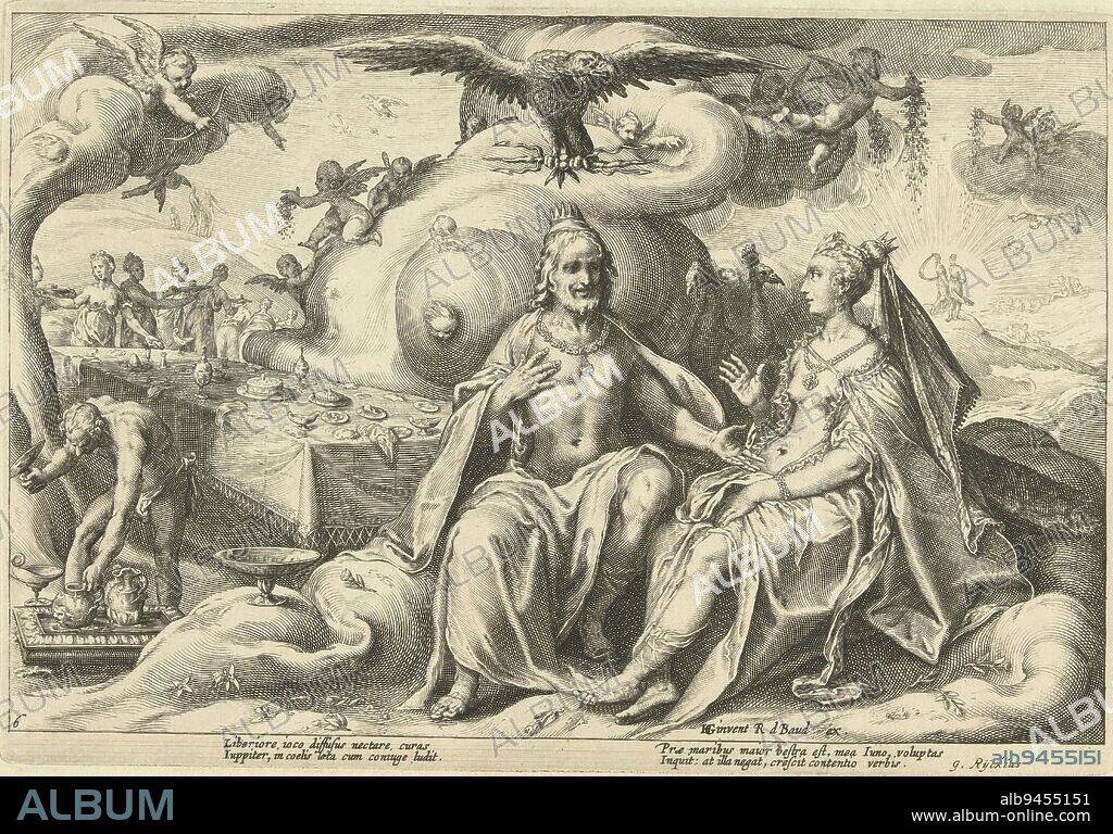 Jupiter and Juno sit side by side, in front of a long table that has just been cleared away, discussing the question of which of the sexes can experience the greatest pleasure in love. Jupiter argues that this is the prerogative of women; Juno contradicts him. Below the depiction two times two lines of Latin text. This print is part of a series of 52 prints depicting stories from Ovid's Metamorphoses. This series is divided into three numbered series: two of 20 prints and one of 12 prints. This print belongs to the third series., Jupiter and Juno discuss the question of which of the sexes has the greater lust for love Ovid's Metamorphoses (series title), print maker: Hendrick Goltzius, (workshop of), print maker: Robert de Baudous, (workshop of), Hendrick Goltzius, (mentioned on object), print maker: Haarlem, print maker: Netherlands, publisher: Netherlands, 1615, paper, engraving, h 176 mm × w 257 mm.