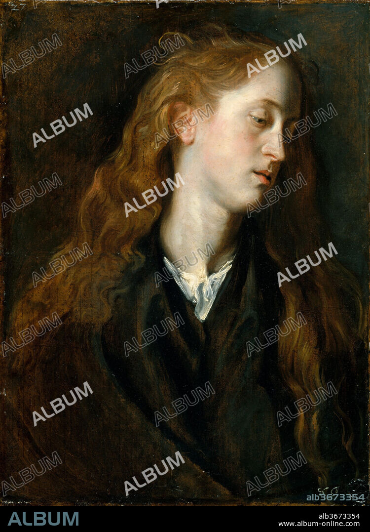 Study Head of a Young Woman. Artist: Anthony van Dyck (Flemish, Antwerp 1599-1641 London). Dimensions: 22 1/4 x 16 3/8 in. (56.5 x 41.6 cm). Date: ca. 1618-20.
Study heads of this type were painted by Van Dyck using live models, whose features were then repeated in finished pictures, usually of religious subjects. Indeed, the present figure served as the prototype for a likeness of the Virgin in a depiction of the Holy Family. The iconography of the melancholy young woman with long hair streaming down her shoulders also suits images of Mary Magdalen; intriguingly, an early biographer tells us that Van Dyck once depicted his sister Susanna in that guise.