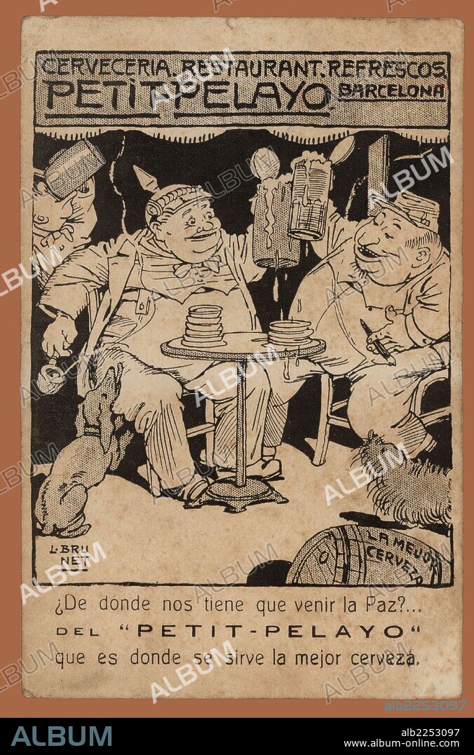 LLORENÇ BRUNET I TORROLL. Tarjeta postal. Publicidad de la Cervecería Petit-Pelayo. Barcelona, años 1920.