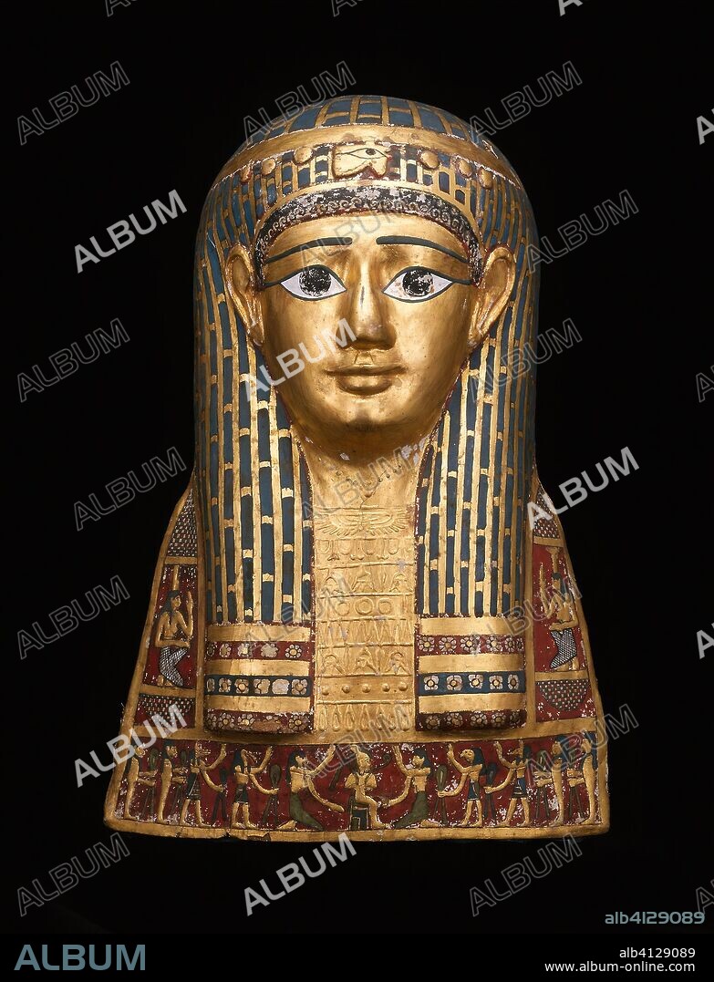 ANCIENT EGYPTIAN. Mummy Mask. Egyptian. Date: 100 BC-1 BC. Dimensions: 46 × 33.3 × 28 cm (18 1/8 × 13 1/8 × 11 in.). Cartonnage, gold leaf, and pigment. Origin: Egypt.