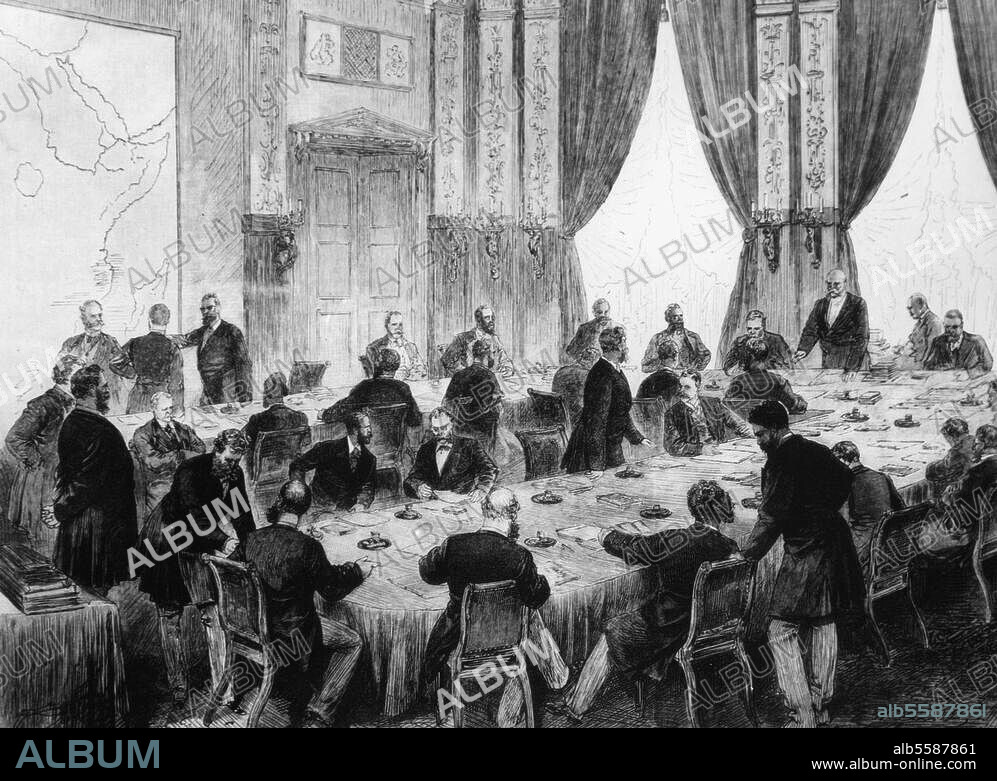 HERMANN LÜDERS. Kongokonferenz, Berlin, 15. November 1884. bis 26. Februar 1885. "Eine Sitzung der Afrikanischen Konferenz im großen Saale des Reichskanzlerpalais in Berlin". Holzstich nach Zeichnung von Hermann Lüders (1836-1908). Aus: Deutsche Illustrierte Zeitung, Bd. I, 1884/85.