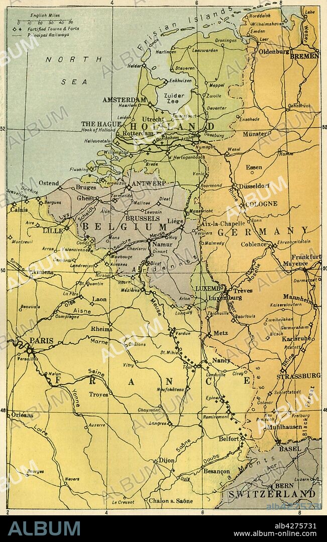 'Map of the Belgian Frontier with Forts', 1919. Map showing Belgium, Holland and parts of Germany and France during the First World War, 1914-1919. Fortified towns and principal railways are indicated. From "The History of the Great European War: its causes and effects", Vol. I, by W. Stanley Macbean Knight. [Caxton Pulishing Company, Limited, London, 1919].