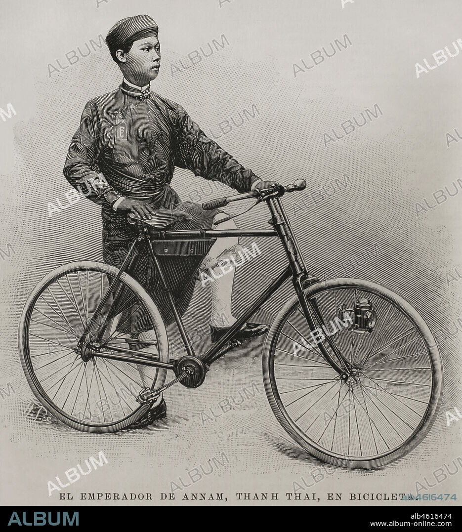 Thanh Thai (ruled 1889-1907). Emperor of Annam (Central Vietnam). Nguyen dynasty. The Emperor of Annam on a bicycle. Engraving. La Ilustración Española y Americana, 1898.