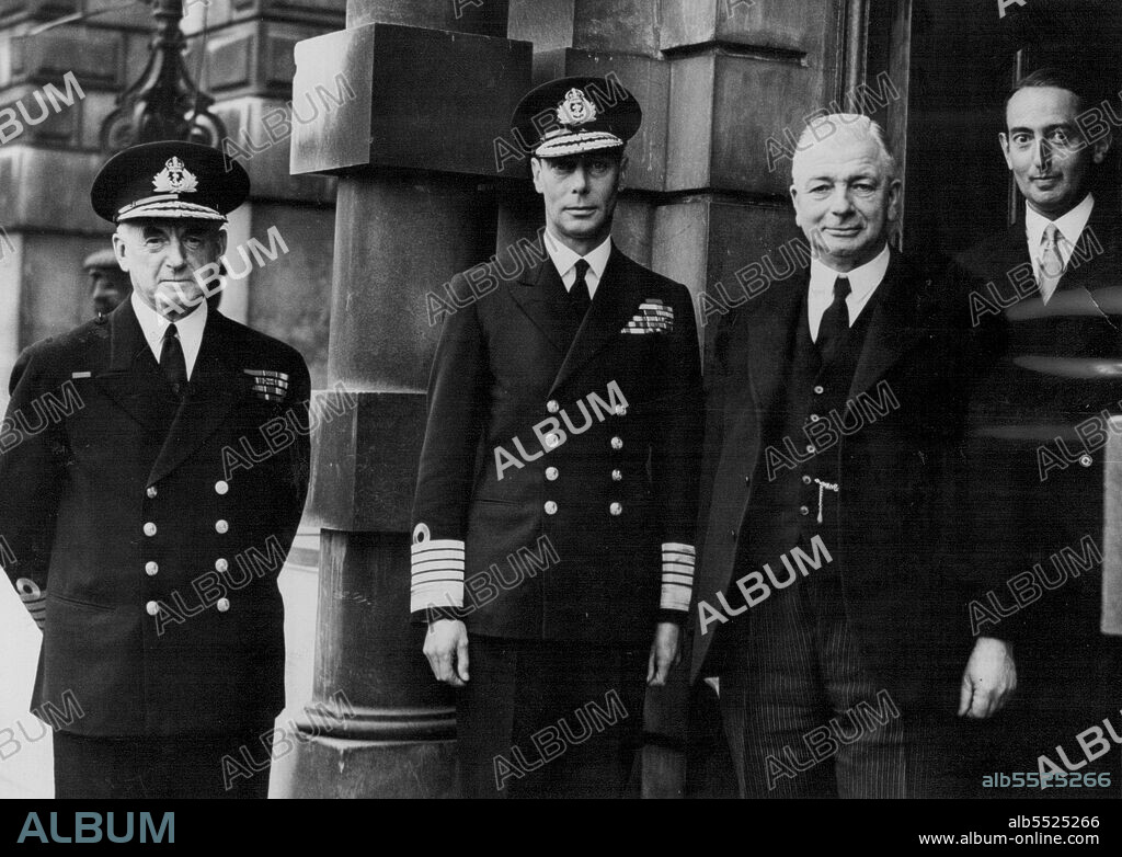 The King Meets Mr. Alexander And Sir Dudley Pound At The Admiralty -- L to R: Admiral Sir Dudley Pound, The King, Mr. A.V. Alexander, and Sir Henry Markham (Secretary of the Admiralty.).After receiving Mr. Churchill in audience at Buckingham Palace, The King cisited the Admiralty where he was received by Mr. Alexander, First Lord of the Admiralty and Admiral of the Fleet, and Sir Dudley Pound first Sea Lord. The King spent some time in the war room and had tea with Mr. Alexander. September 23, 1942. (Photo by Fox Photos).