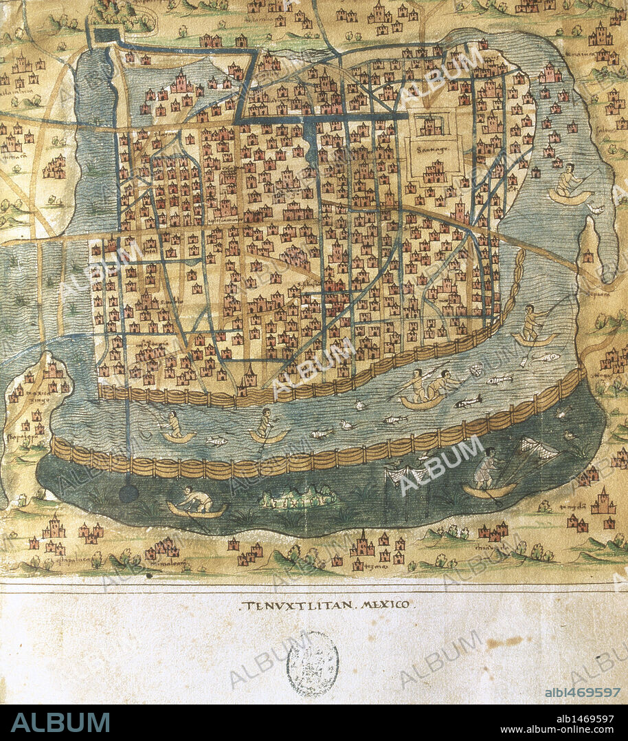 Map of Tenochtitlan. Mexico, 1560. General islario of all the islands in the world. Work of the chronicler and cosmographer Alonso de Santa Cruz (1505-1567). National Library. Madrid. Spain.
